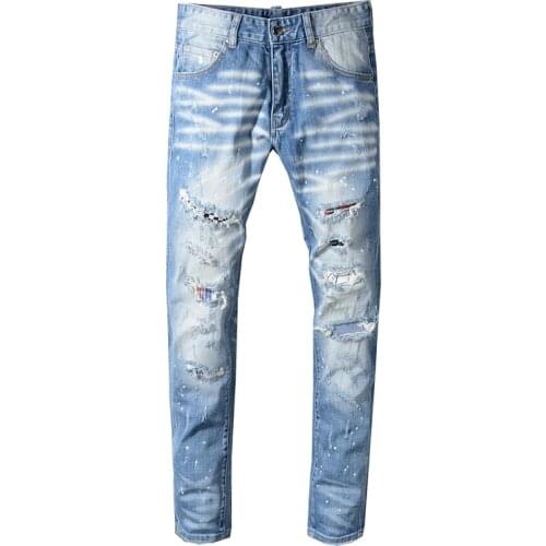 New mens male trousers European American street fashion slim jeans light-colored scratched holes patch beggar denim pants