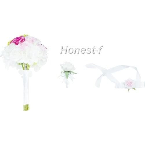 Original Artificial Artistic Rose and Hydrangea Bouquet with Groom Corsage and Brides Wrist Flower for Wedding, Party Decoratio
