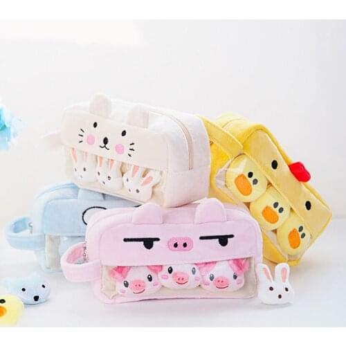 Pencil Cases For Brushes Plush Pencil Bag Korean Stationery Girl School Kit Transparent Estuches Escolares Kawaii School Suppy