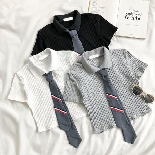 Women Slim Ribbed Polo Shirt Woman Knit Top Cropped Short Sleeve T-shirts Femme Elegant Tees For Office Ladies Crop Tops