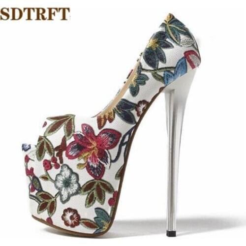 SDTRFT Luxurious Sandals Floral Print zapatos mujer T-strap Stilettos 20cm Thin High-Heeled shoes woman platforms Cosplay pumps