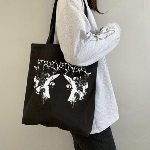 Cute Womens Canvas bag shopping bag Gothic style Harajuku Y2K Angel Dark Print Harajuku large-capacity Kawaii handbag