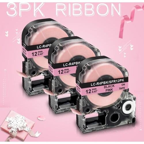 Topcolor 12mm Black on Pink Gift Warping Satin Ribbon Printer Ribbon Tape Compatible Epson Label Maker Kingjim Labels LW 500 400
