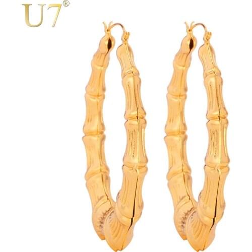 U7 Large Bamboo Hoop Earrings for Women Tenn Girls Gold Geometric Earrings Hip Hop Statement Jewelry Diameter 70mm E451