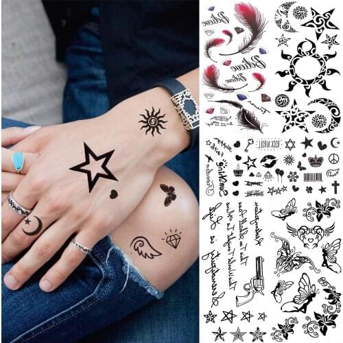 Lovely Star Sun Temporary Tattoos For Kids Men Women Fake Quotes Tattoo Sticker Black Elf Elves Small Letter Lips Tatoos Hands