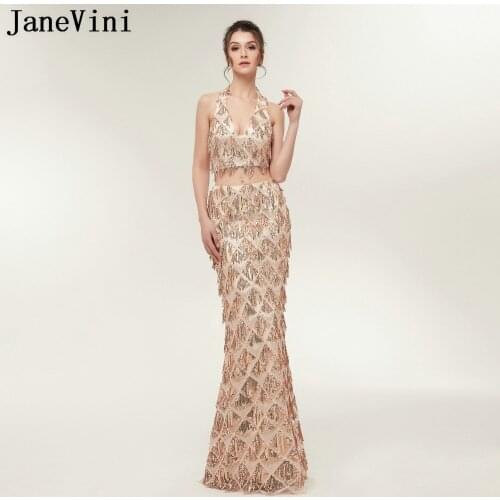 JaneVini Sparkly Sequined Tassel Two Piece Prom Dresses Mermaid Halter Tulle Bridesmaid Dress Floor Length Formal Party Gowns