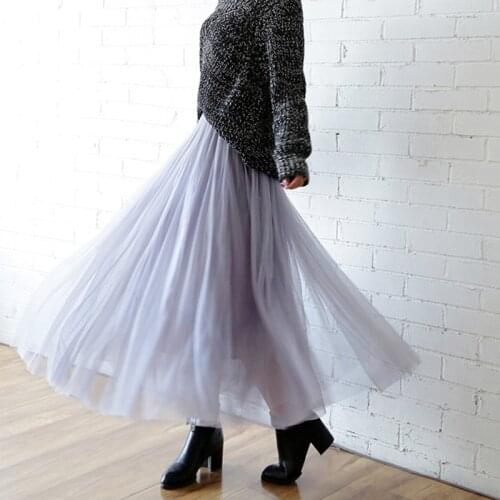 2021 Spring Summer Vintage Tulle Skirt Women Elastic High Waist Mesh Skirts Long Pleated Tutu Skirts Female Jupe Longue