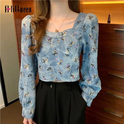 Spring Women Lantern Sleeve Square Collar Printing Denim Shirt Female Back Stertch Vintage Pullover Sweet Sexy Short Top Korean
