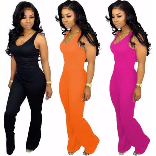 Womens Deep U Neck Backless Bandage Bell Bottom Flare Club Sleeveless Solid Color Jumpsuit Romper
