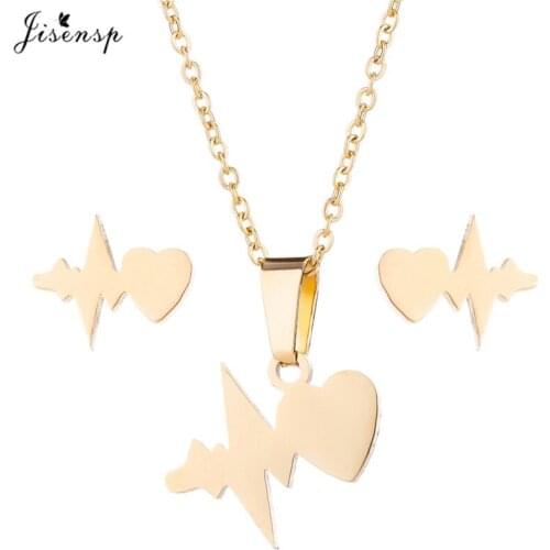 Jisensp Romantic Heartbeat Stainless Steel Jewelry Sets for Women Simple Fashion Electrocardiogram Charm Necklace Earrings