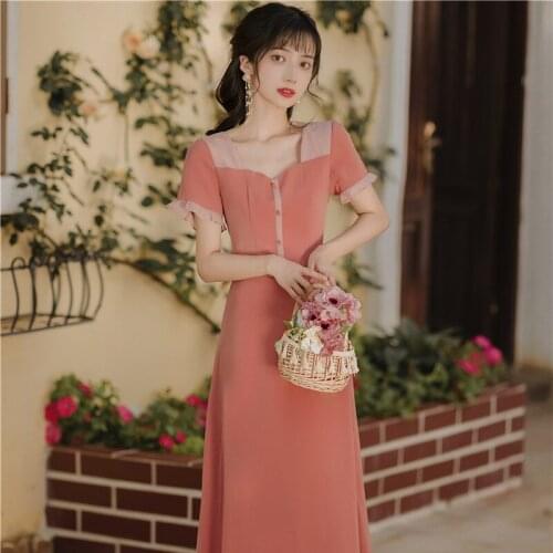 Women Vintage Dress Summer 2021 for Girls Puff Sleeve Elegant Dresses for Women Spaghetti Strap Party Dresses Slim Pink