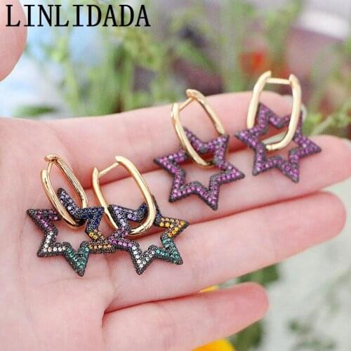 4Pair Star Hoop Earrings for Women High Quality Earring Rainbow CZ Jewelry Gold Color Hoops Trendy