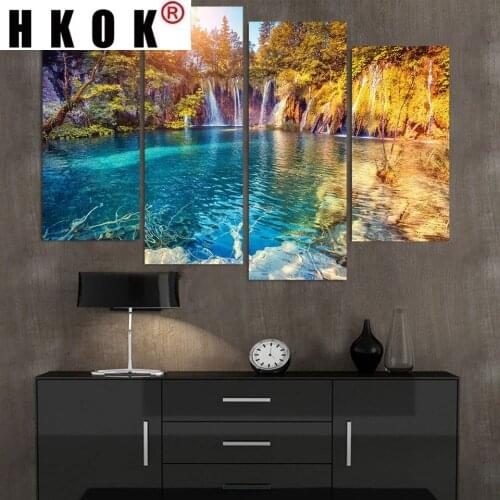 HKOK Abstract 4 Panels Canvas Paintings Posters Prints Clear Pool Nature Sofa Wall Art Pictures Home Decor Living Room Unframed