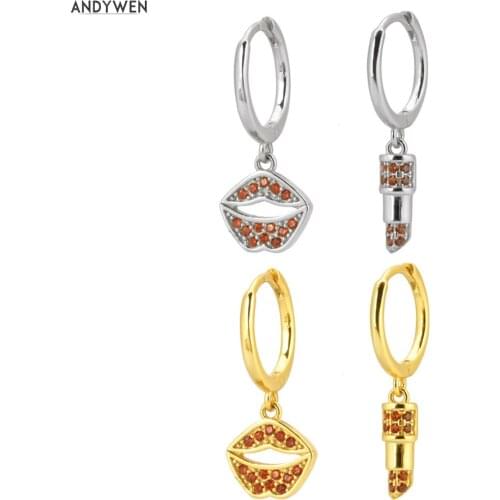 ANDYWEN 925 Sterling Silver Rock Punk Red Zircon CZ Piercing Drop Earring Kiss Lipstick Circle Special Luxury Ohrringe Jewelry