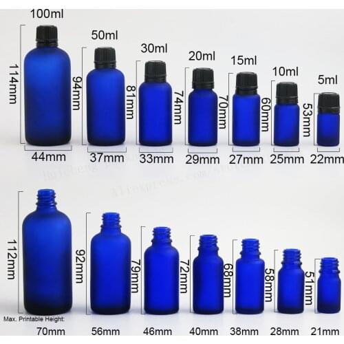 200pcs Frost Blue Glass Essential Oil Bottles Vial Container with Orifice Reducers Plastic Lids 5ml 1/3oz 2/3oz 1oz 50ml 100ml