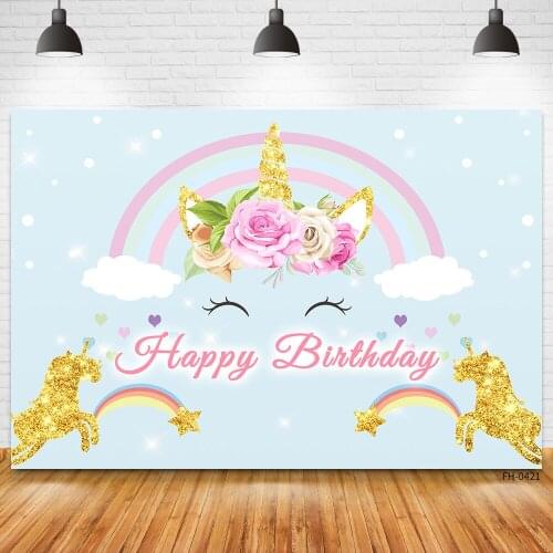 Custom Name Gril 1st Birthday Party For Unicorn Backdrop Flower Cloud Background Photo Photophone Newborn Baby Child Photography