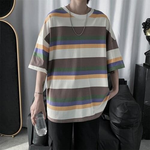Summer Harbor wind short-sleeved T-shirt mens loose-fitting trend ins over-fire striped half-sleeved T-shirt bottoms