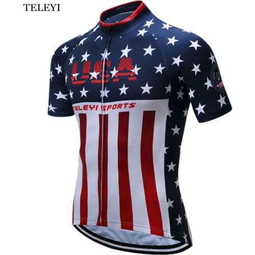 TELEYI Team Mens USA Style Bike Sportswear Cycling Jersey Ropa Ciclismo Bike Bicycle Short Sleeve Cycling Clothing Tops