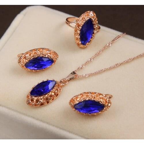 Fashion Gold Color Jewelry Sets Luxury Water Drop Pendant Necklace Earrings Ring Crystal Jewelry Sets Women Wedding Jewelry Set