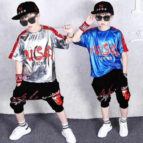 Hip hop costume neon clothes street dance clothing hip hop dance set boy clothing hip hop child holographic dance tops shorts