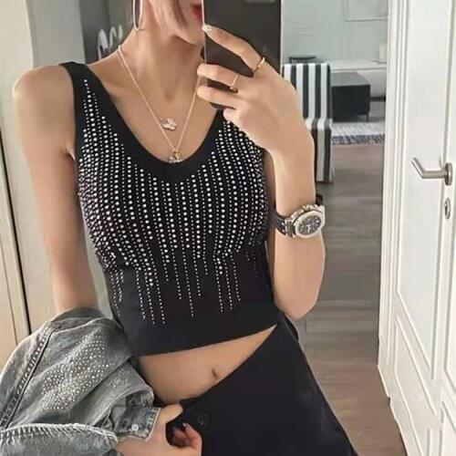 Summer Womens Spaghetti Strap Tank Top Knitwear Sexy Sleeveless Star Diamond Short Camisole Backless Crop Top Black White Vest