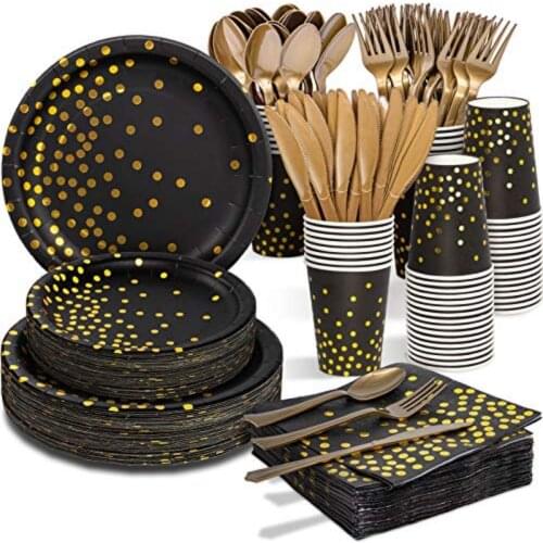 200 PCS Disposable Dinnerware Set Black Paper Plates Napkins Cups Gold Plastic Forks Knives Spoons for Birthday Christmas Party