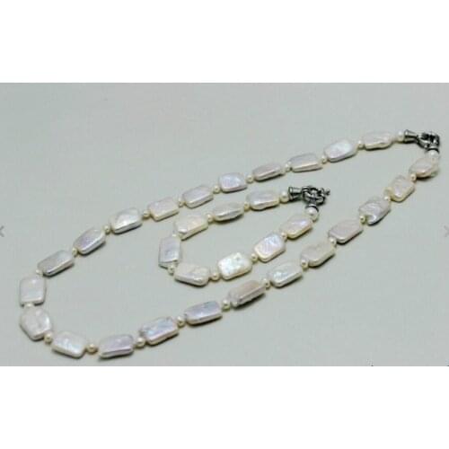 White 3mm round and 11x16mm box fresh water pearl set 18 & 8" Alloy "Handmade"