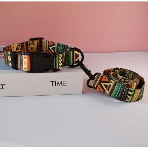 National style Nylon Printed Dog collar and leash set Adjustable Puppy Small Collar Pet Collars for dogs Pet Free engraving