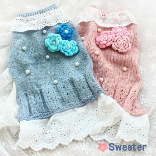 Dog Sweater Dress Pet Clothes Knitwear Princess Outfit Knitting Flowers Pearls Accessories Holiday Party Apparel Spring Autumn