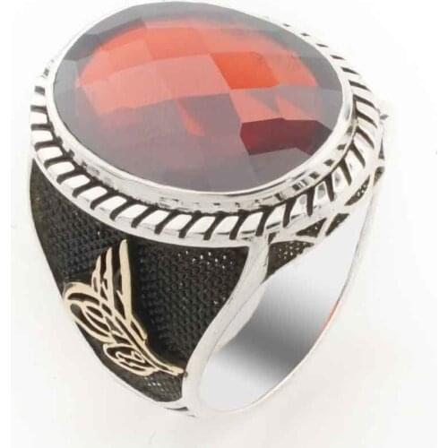 Ottoman Tuğralı Red Zircon Silver Ring