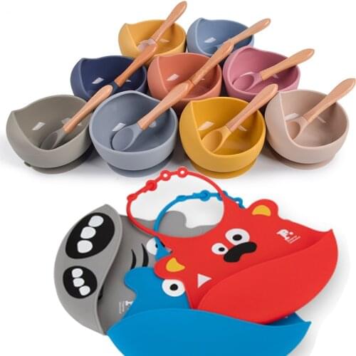 1set Silicone Baby Feeding Bowl Tableware Waterproof Bibs Non-Slip Crockery BPA Free Silicone Dishes for Baby Bowl Baby Plate