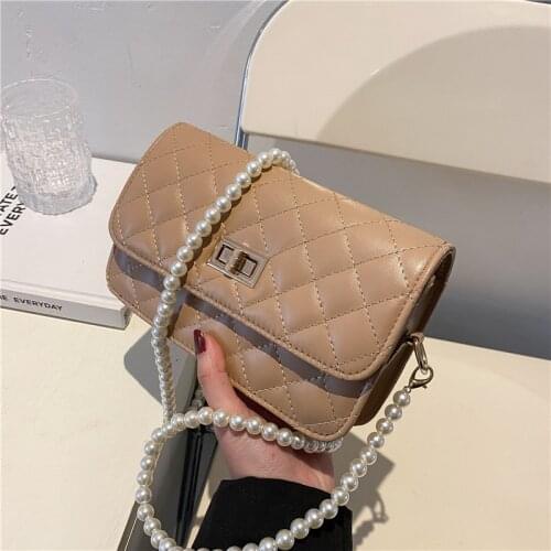 2021 Solid Color Fashion Shoulder Handbags Female Travel CrossBody Bag Plaid Simulated Pearl Chain Small PU Leather Square Bags