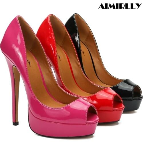 Womens Shoes Peep Toe High Heels Platform Pumps Stilettos Clubwear Party Shoes Patent Leather Big Size Crossdresser Footwear