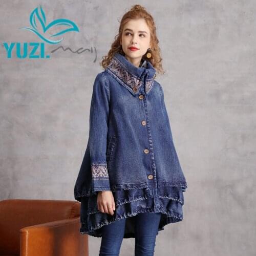 Woman Jacket 2020 Yuzi.may Boho New Denim Women Coats Stand Collar Single Breasted Vintage Embroidery Coat Female B9306