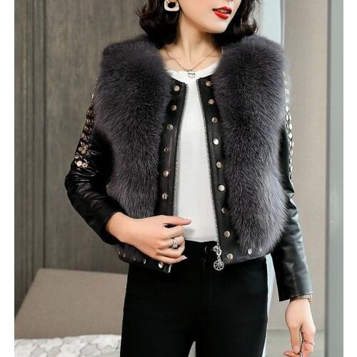 High quality Winter Real Leather Short Coat Women Fox Fur Add cotton Motorcycle Jacket Female Rivet Sheep Skin Outerwear A3162