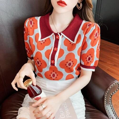 2021 Summer New Lapel Color Contrast Flower Jacquard Puff sleeve Knit Cropped Top Women Chic Flower Button Thin Sweater