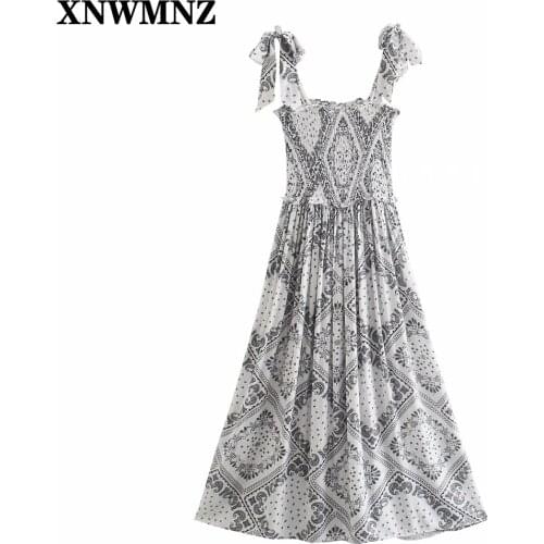 XNWMZN Summer Dress Women 2021 Vintage Flowers Printed Midi Dresses Woman Sexy Backless Bow Straps Casual Elastic smock Vestidos