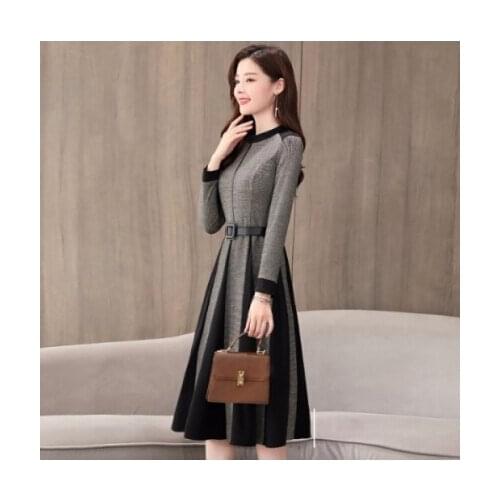 2021 New Autumn And Winter women Long sleeve party Dress Tweed Patchwork Vintage Dresses vestidos Free belt