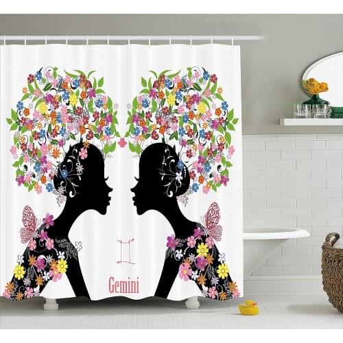 Zodiac Gemini Shower Curtain Two Young Ladies with Colorful Spring Blossoms and Butterflies Fashion Girls Bath Curtains