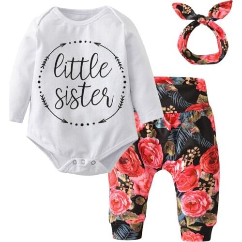 3Pcs Newborn Clothes Baby Girls Clothing Set Casual Little Sister Bodysuit Tops+Floral Pants+Bowknot Headband Infant Outfits