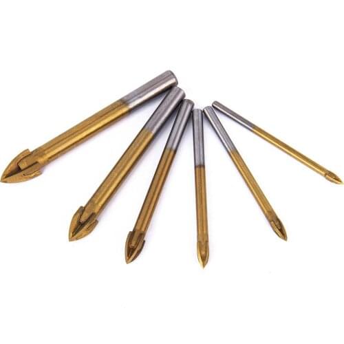 6pcs Titanium Coated Glass Drill Bits Set 4 Cutting Edges Cross Spear Head Drill with Hex Shank for Ceramic Tile Marble Mirror