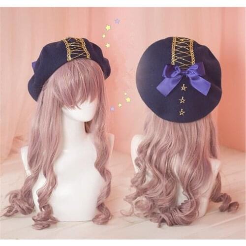 Navy Blue Lolita Girl Berets Hat Sweet Women Girls Bow Stars Sailor Style Cap B1526