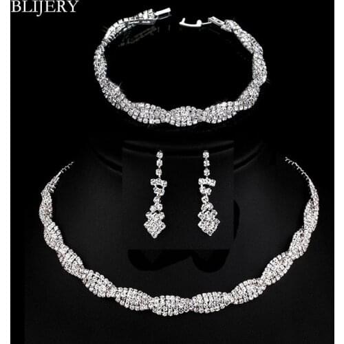 BLIJERY Silver Color Rhinestone Crystal Wedding Jewelry Sets Choker Necklace Earrings Bracelet Set for Women Bridal Jewelry Sets