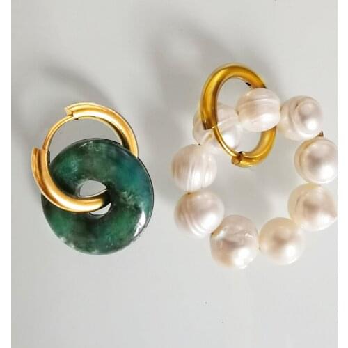 Brinco Bijoux women Baroque Mismatched jade freshwater pearls freshwater pearl hoop earrings handmade stainless steel earring