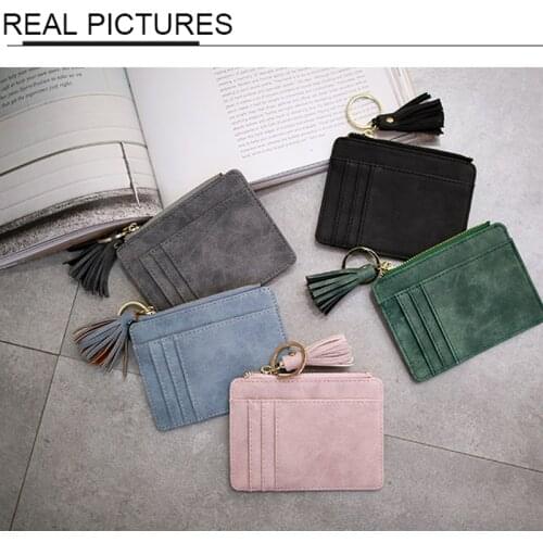 Matt Leather Mini Tassel Women Card Holder Cute Credit ID Card Holders Zipper Wallet Case Change Coin Purse Keychain Nubuck New