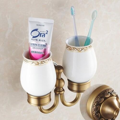 Cup & Tumbler Holders Brass Antique Tumbler Toothpaste Toothbrush Holder With Double Ceramics Cups Bathroom Accessories 3703