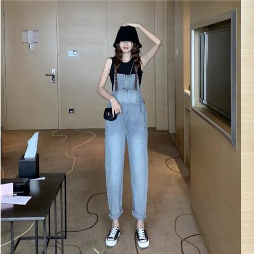 Belt Denim Jumpsuits Women Loose Cool Street Style High-waist Wide-leg Jeans Fashion Sleeveless Overall Blue One Piece Outfit