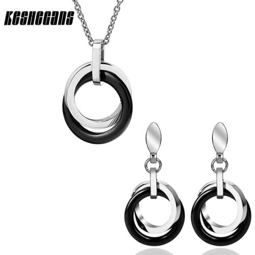 Double Circle Necklace & Earrings Set Black Ceramic Fashion Jewelry Sets For Women Drop Earrings & Pendant Necklace Party Gifts