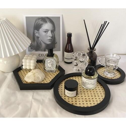 Nordic Rattan Round Wooden Tray Breakfast Cake Food Dessert Decorative Tray Jewelry Perfume Kitchen Table Storage Tray