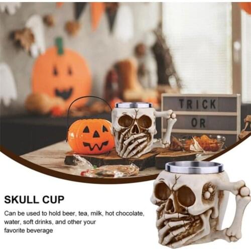 Halloween Skull Mug with Stainless Steel Mugs Lining Resin Novelty Decorative Drinking Cup Drinkware Water Cup Halloween Party